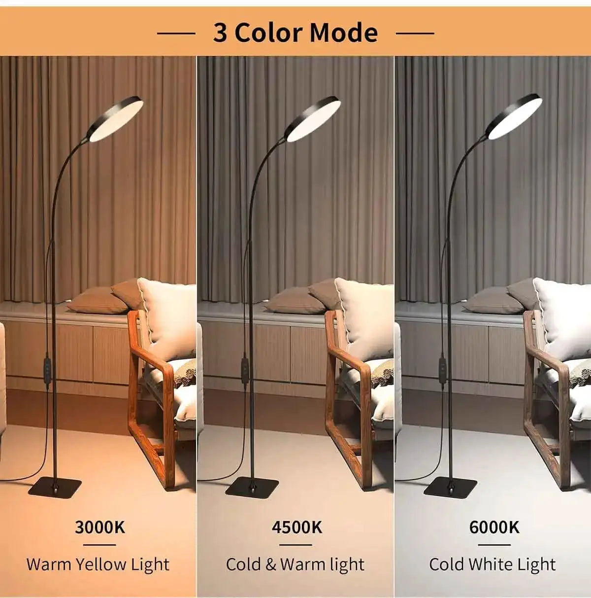 LED floor lamp by Simples Market with flexible gooseneck, dimmable, 3000K/4500K/6000K color temperatures