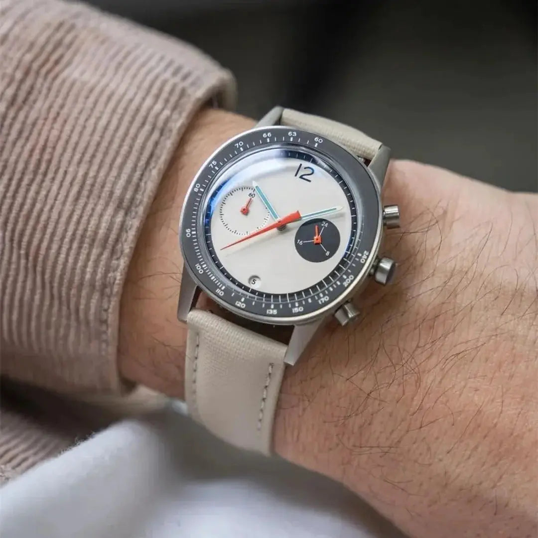 CILOA men's chronograph watch with beige strap, silver case, white dial, two subdials and tachymeter bezel