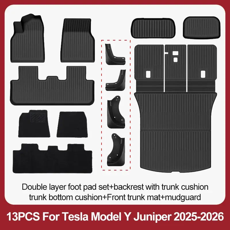 Simples Market 13-piece Juniper TPE floor mats set for Tesla Model Y 2025+ with trunk mat and mudguards