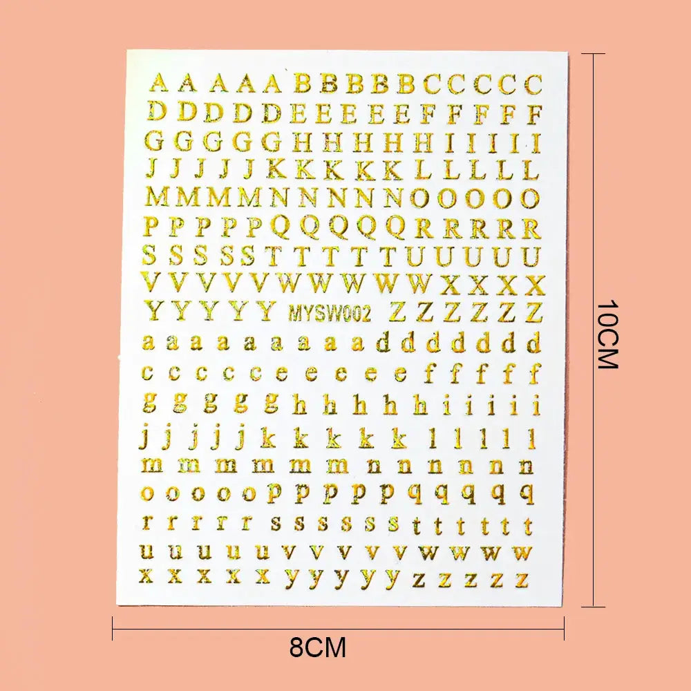 3D alphabet nail sticker sheet with metallic gold letters, 26 English characters, self-adhesive 8x10 cm