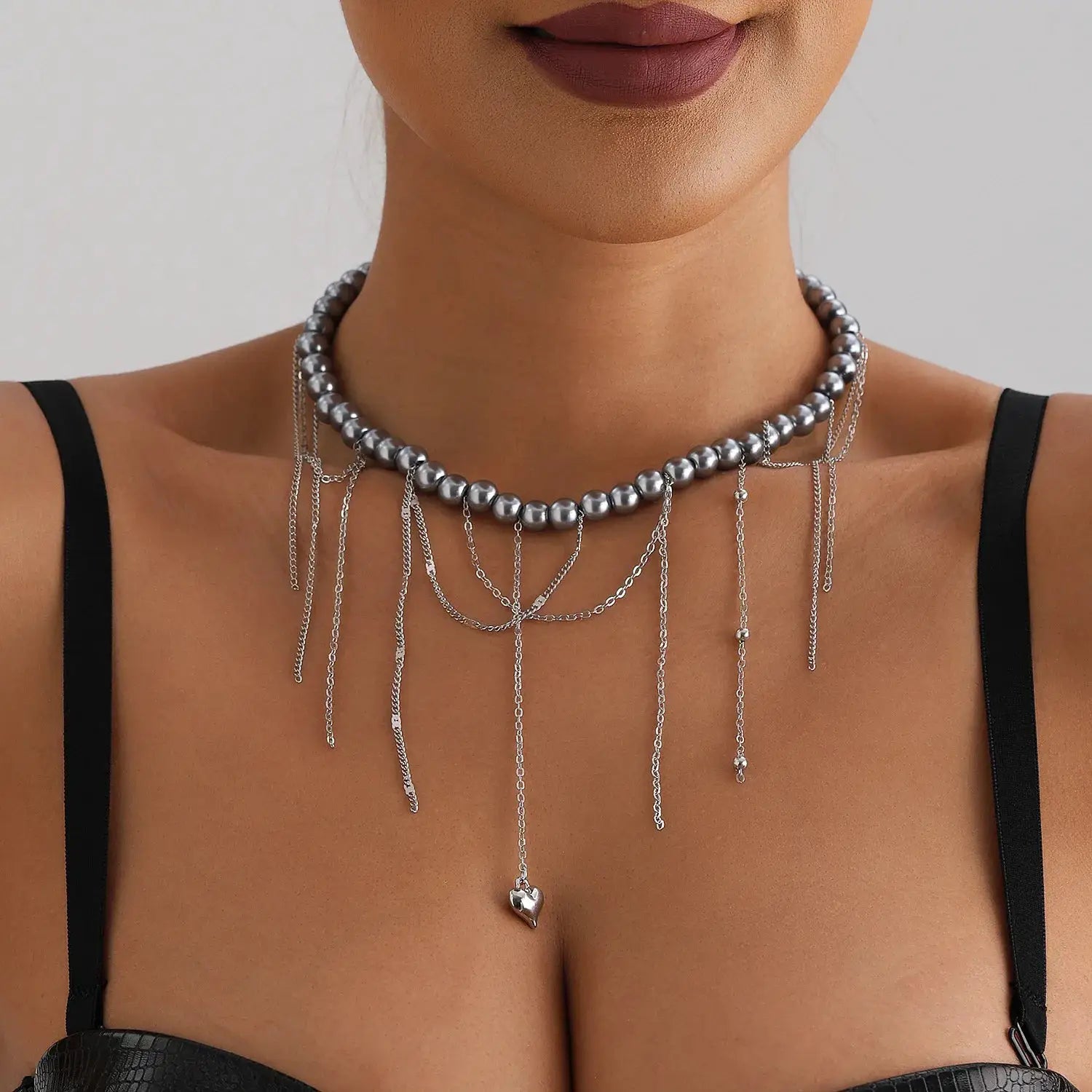 Y2K heart beaded choker necklace with silver-tone chains and a dangling heart pendant