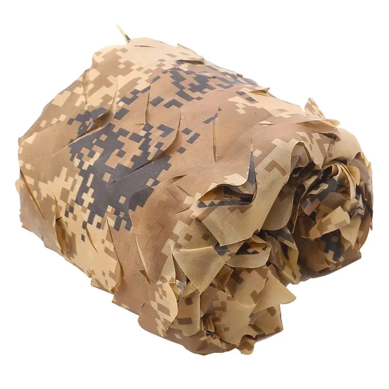 Military camouflage net roll with desert digital camo pattern in tan and brown fabric.