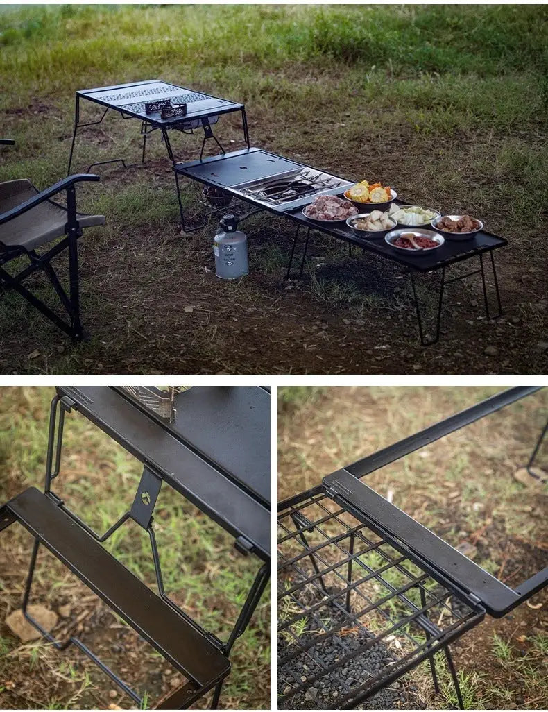 CAMPINGMOON CK-25BK-1PIGT black metal combination camping table with fold-out grill rack and propane canister by Simples Market