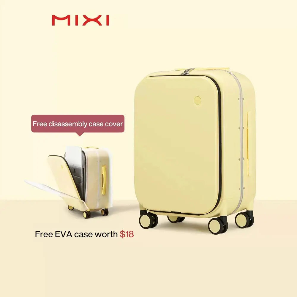 Mixi patent-design aluminum-frame carry-on luggage in yellow; 18/20/24 inch sizes, Simples Market, includes free EVA case.