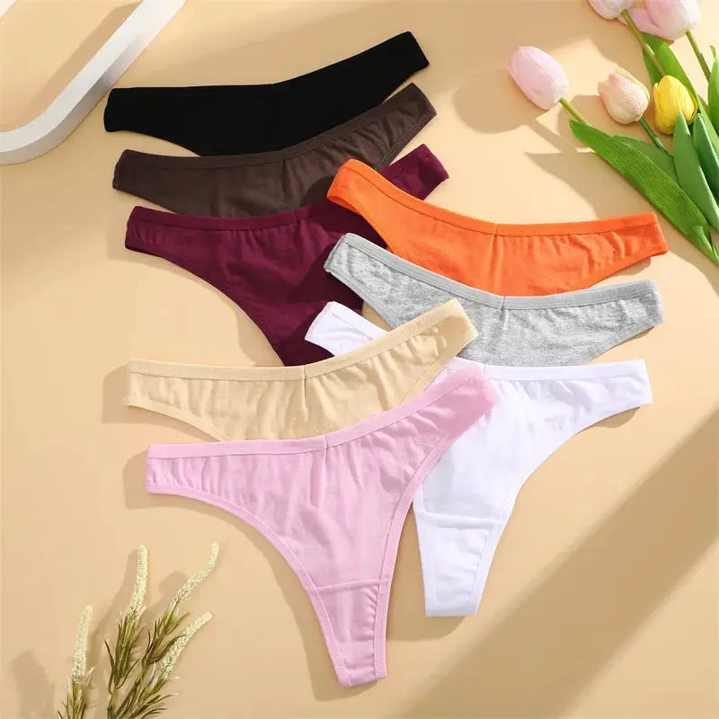 Women’s cotton seamless low-rise thong underwear, V-waist, breathable, assorted colors