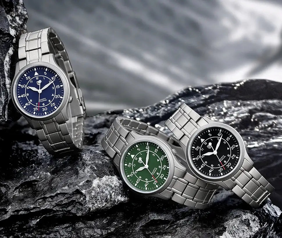 BERNY titanium men's wristwatch with titanium bracelet; blue, green, and black dials (3 watches)