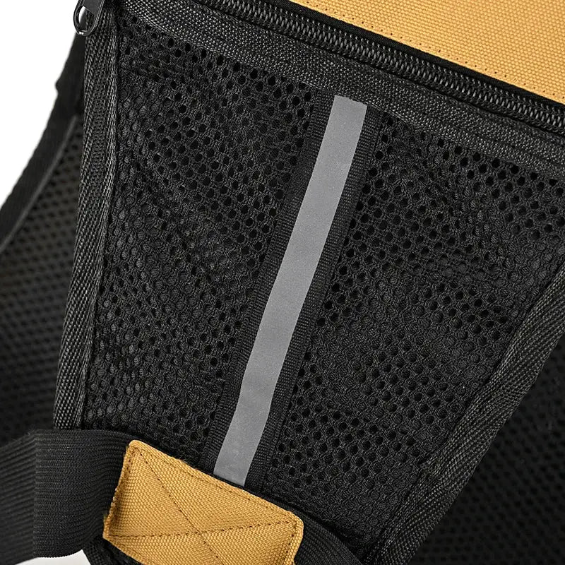 Simples Market outdoor tactical chest bag, black with mesh back, reflective stripe, tan accent.