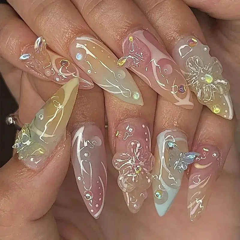 GlamNail Pink Almond Press On Nails Full Coverage Carved Flower 3D Ripple French Tips Golden Pearl Finish