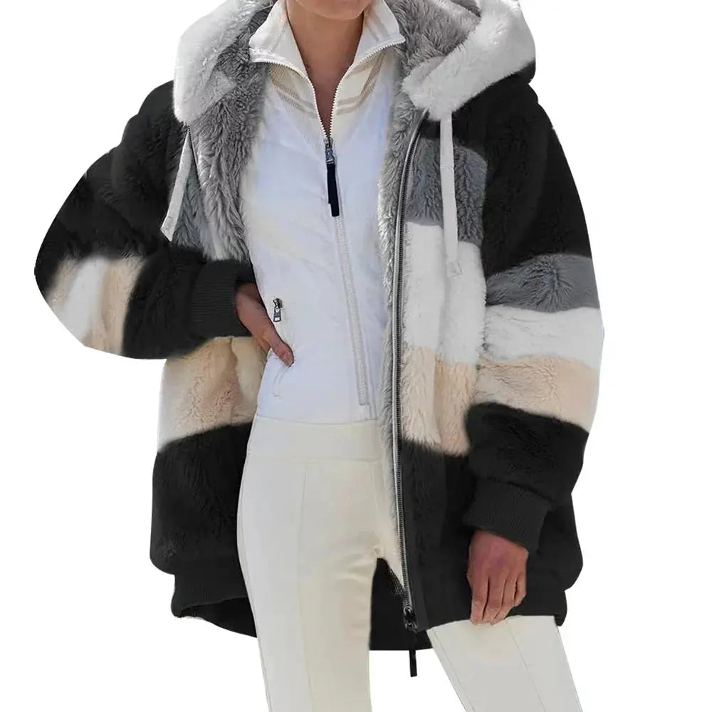 LuxeNest Oversized Hooded Plush Jacket For Women Cozy Warm Autumn Winter Coat With Zipper And Pockets