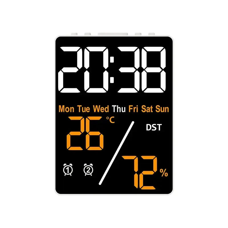Digital alarm clock with large white time digits and orange humidity/temperature readouts on a black display