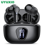 UYUXIO Wireless Earbuds BT5.3 with ENC mic, LED display, black glossy finish, IP7 waterproof charging case (2 pcs)