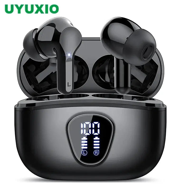 UYUXIO Wireless Earbuds BT5.3 with ENC mic, LED display, black glossy finish, IP7 waterproof charging case (2 pcs)