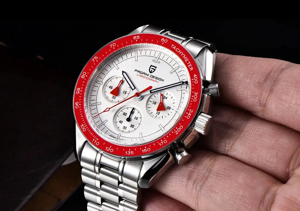 Pagani Design VK63 men's chronograph watch with stainless steel bracelet, white dial, red ceramic bezel, luminous hands