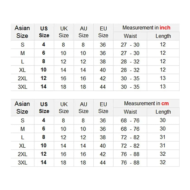 Sexy mini pleated lace high-waist skirt size chart; Asian/US/UK/AU/EU sizes, waist and length in inches/cm.