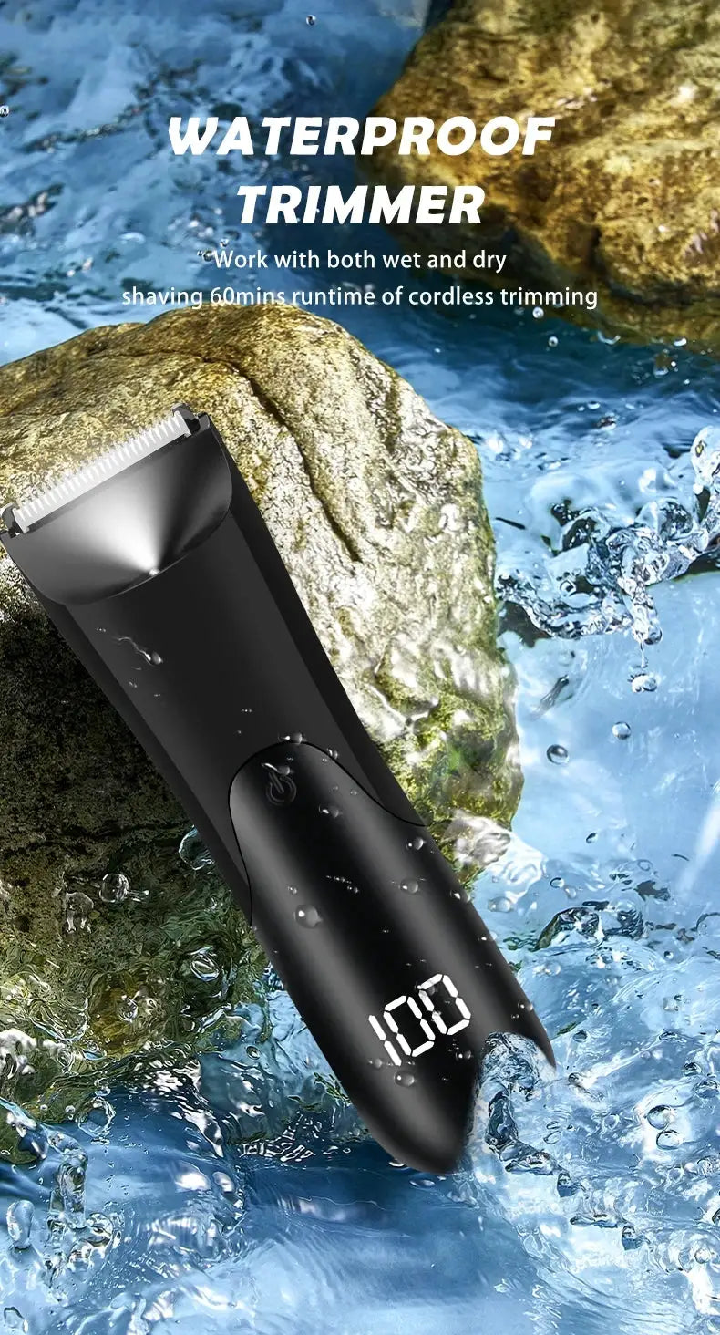 Simples Market waterproof men's groin trimmer with ceramic blade, wet/dry shaver; black with 2 guard attachments.