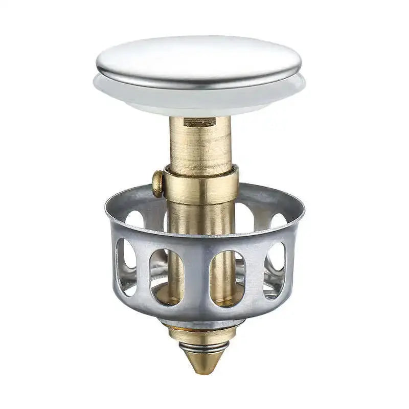 Basin drain pop-up stopper with brass valve and silver metal strainer basket