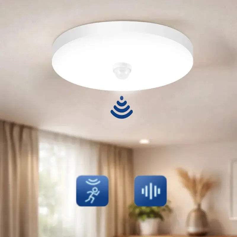 White round LED ceiling light with motion sensor, modern flush-mount fixture for corridors and stairways.
