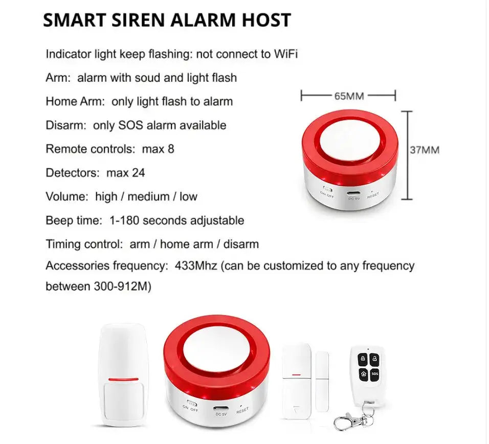 4-piece smart siren alarm hub kit with red ring, motion sensor, door sensor, and wireless remote