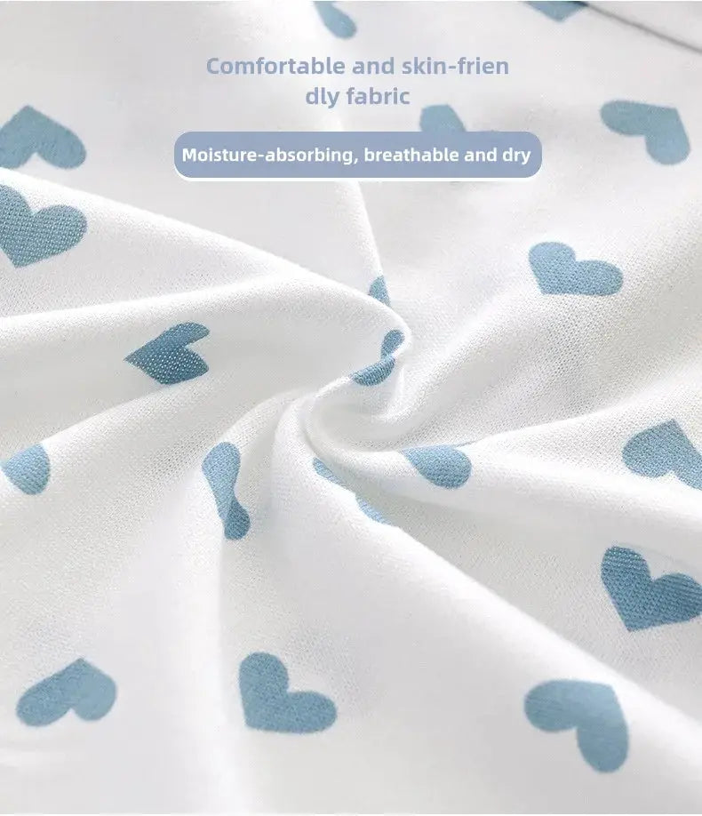 5-piece women's cotton panties set with blue heart pattern on white fabric