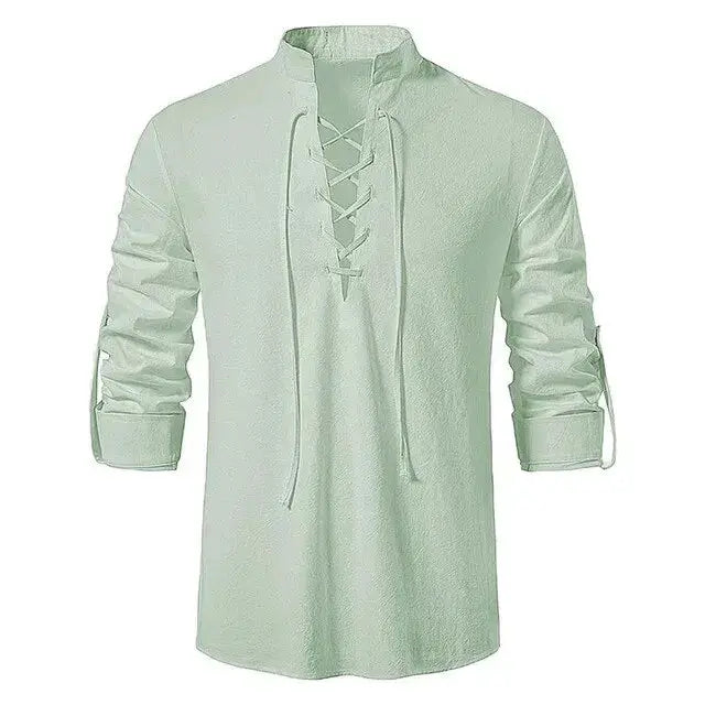 King Billion Mens Cotton Linen Long Sleeve Shirt Vintage English Style With Drawstring Neck US Size Spring Autumn