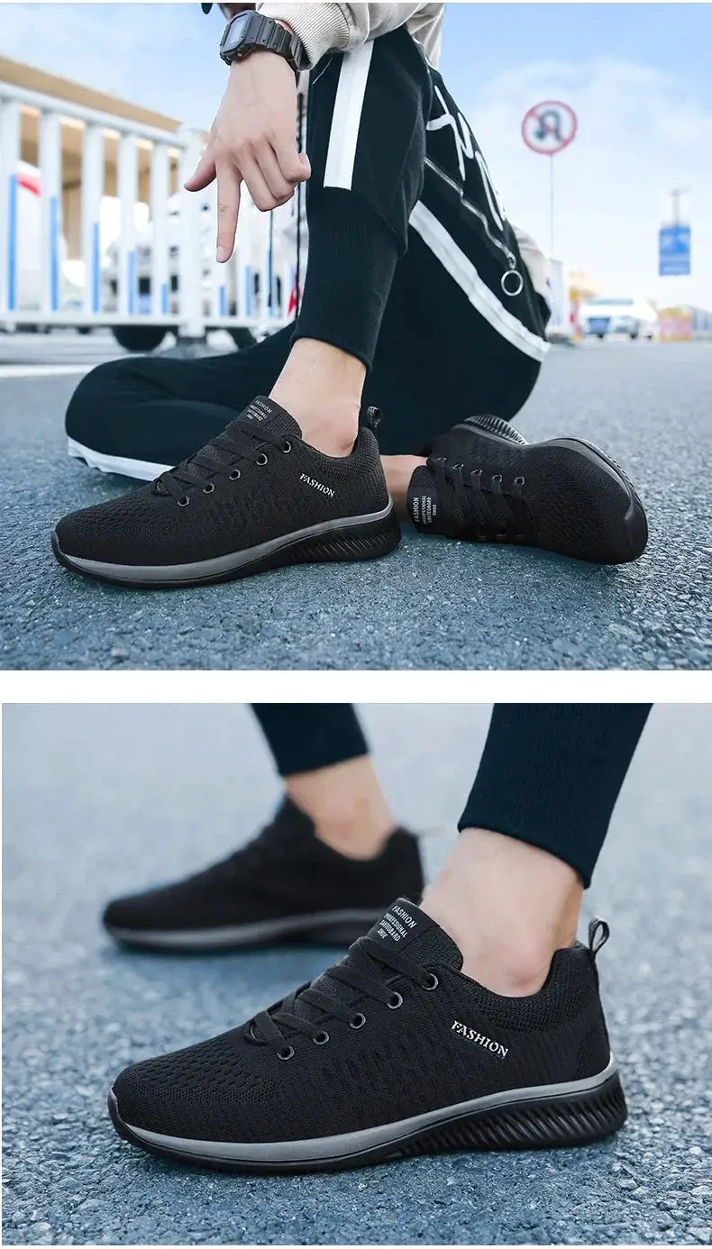 Pair of men's black knit running shoes by Simples Market, breathable lightweight athletic sneakers