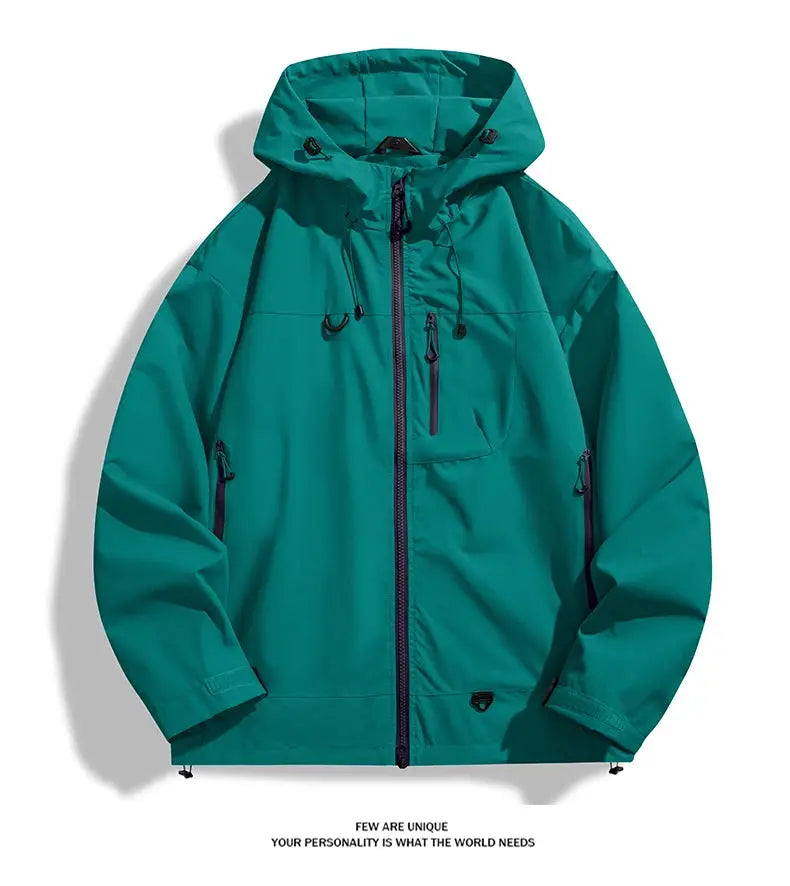 LNGXO waterproof hiking jacket, teal hooded windproof rain coat with multiple zip pockets, unisex outdoor jacket