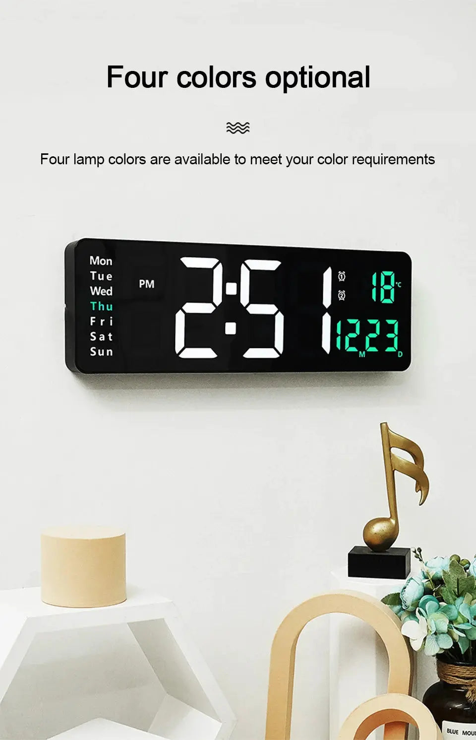 Simples Market large black digital wall clock with remote control, temperature, date, week display and dual alarms
