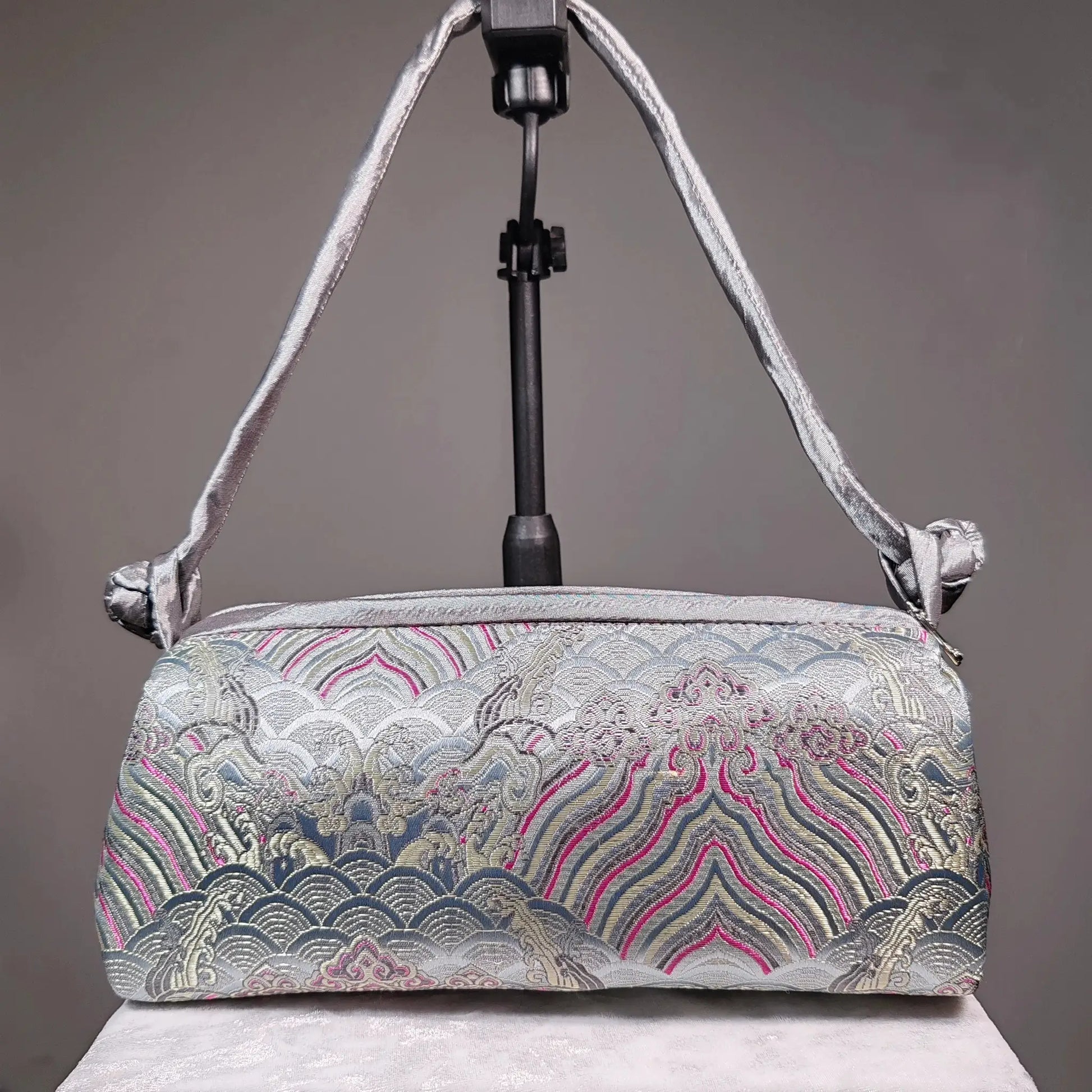 Shoulder bag by Simples Market; embroidered silk with floral cheongsam pattern on blue-silver satin