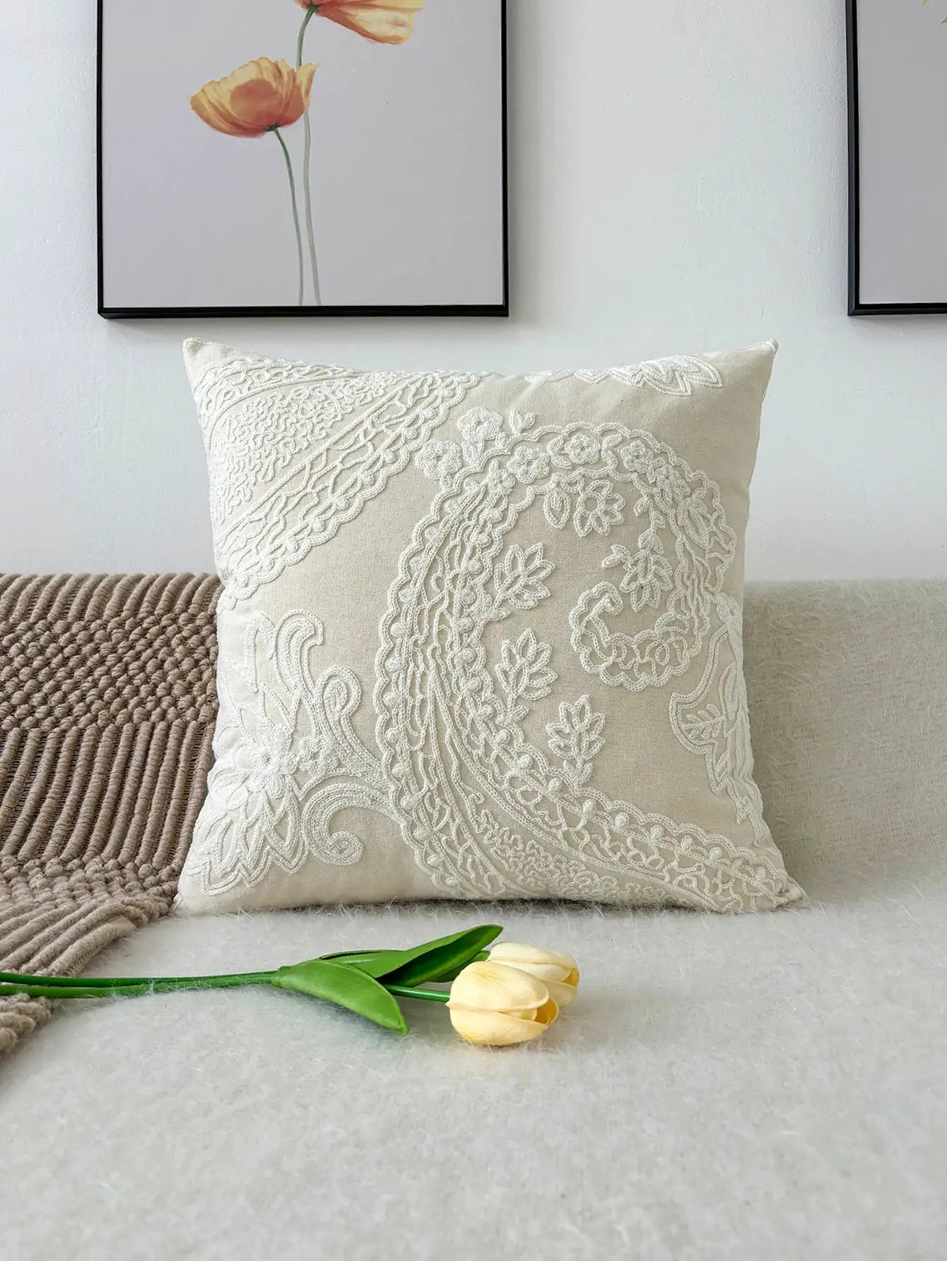 Embroidered throw pillow without insert, cream fabric with white lace embroidery, Simples Market decorative cushion