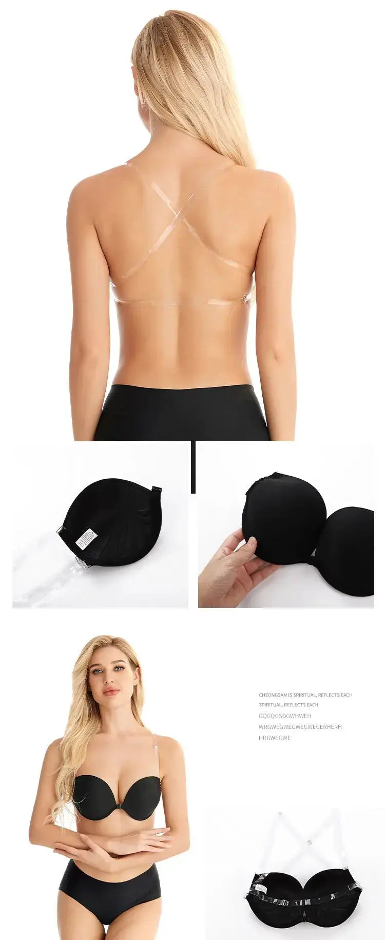 Backless front-closure push-up bra by Simples Market, black with transparent multiway straps