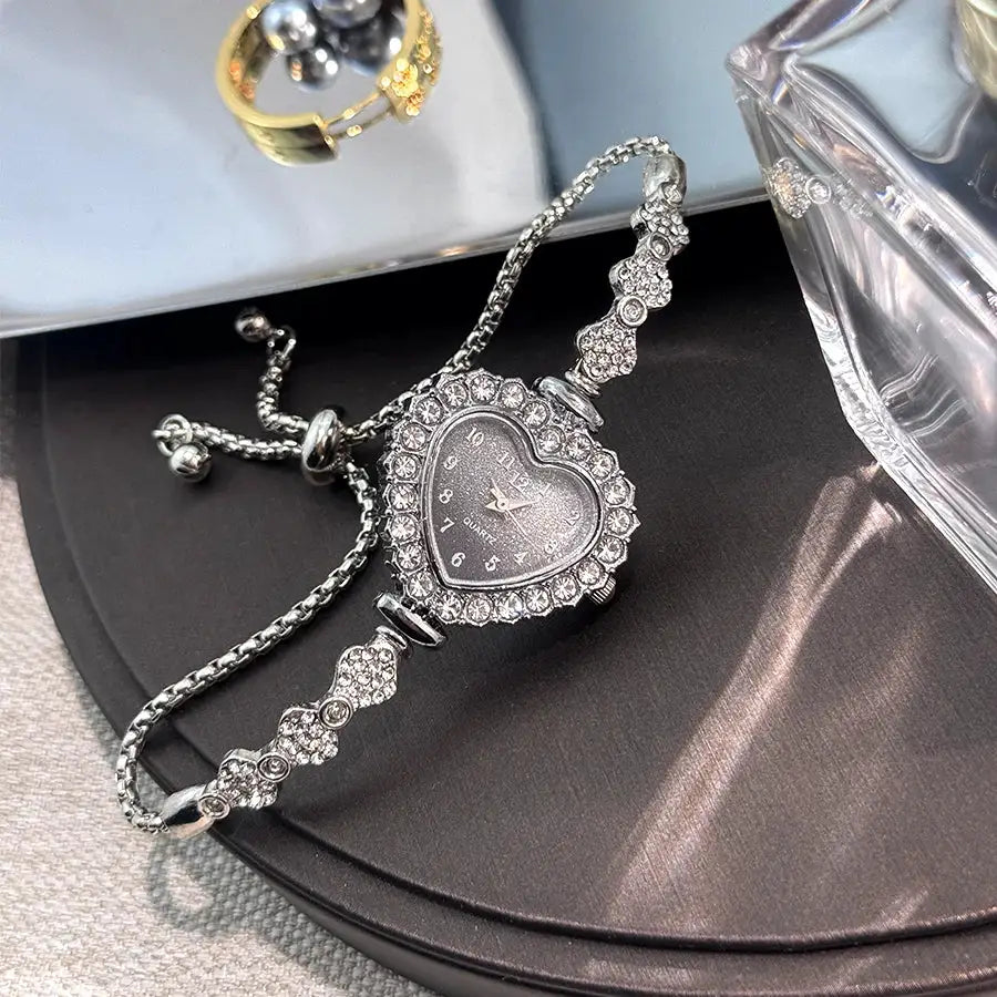 LuxeTime Heart Shaped Diamond Studded Flower Watch With Ribbon Strap Adjustable Bracelet For Women