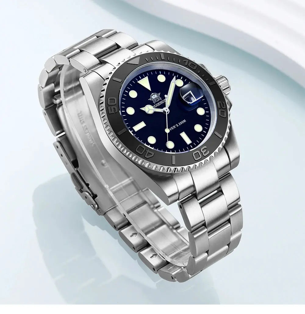 ADDIESDIVE men's quartz dive watch with blue dial and stainless steel bracelet