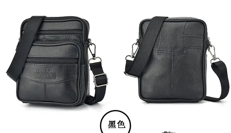 Simples Market men's genuine leather crossbody bag in black with multiple zipper pockets; 2 views (front and back).