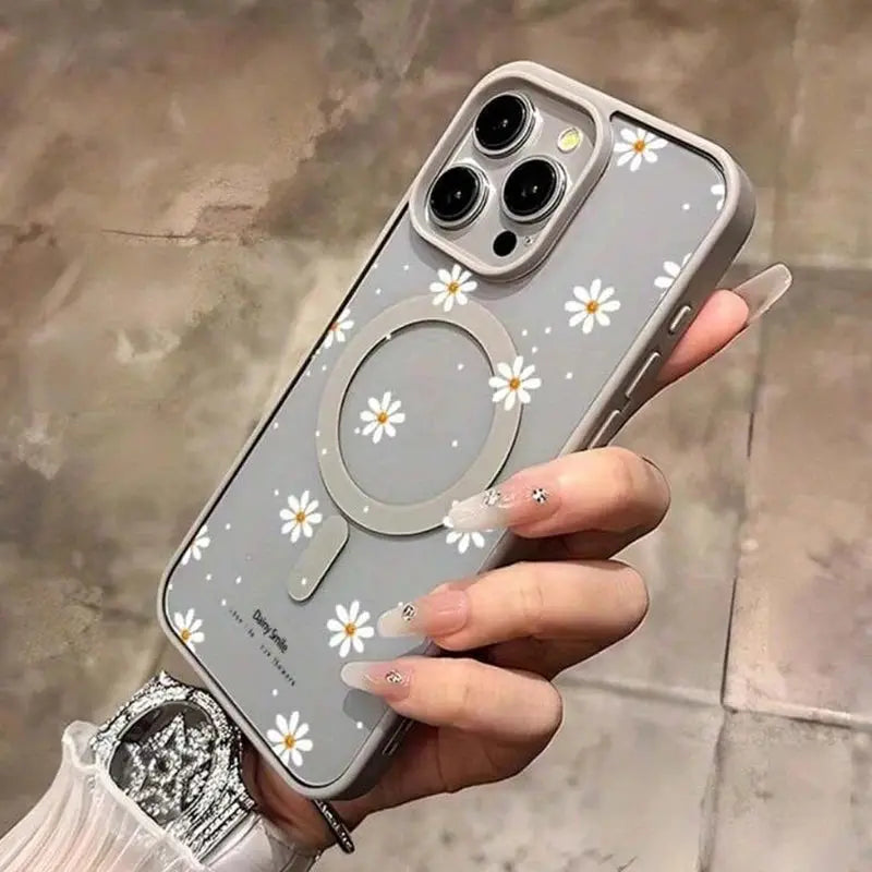 iPhone case Simples Market with gray daisy pattern, magnetic, built-in ring stand for wireless charging