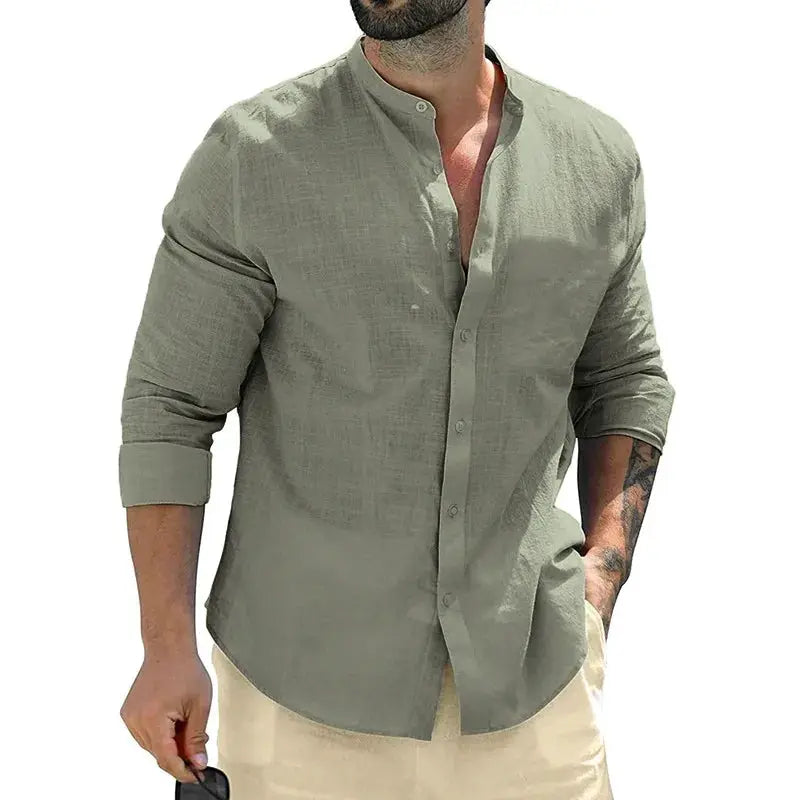 Autumn Mens Long Sleeve Cotton Shirt For Business Casual Solid Color Breathable Streetwear Button Front White