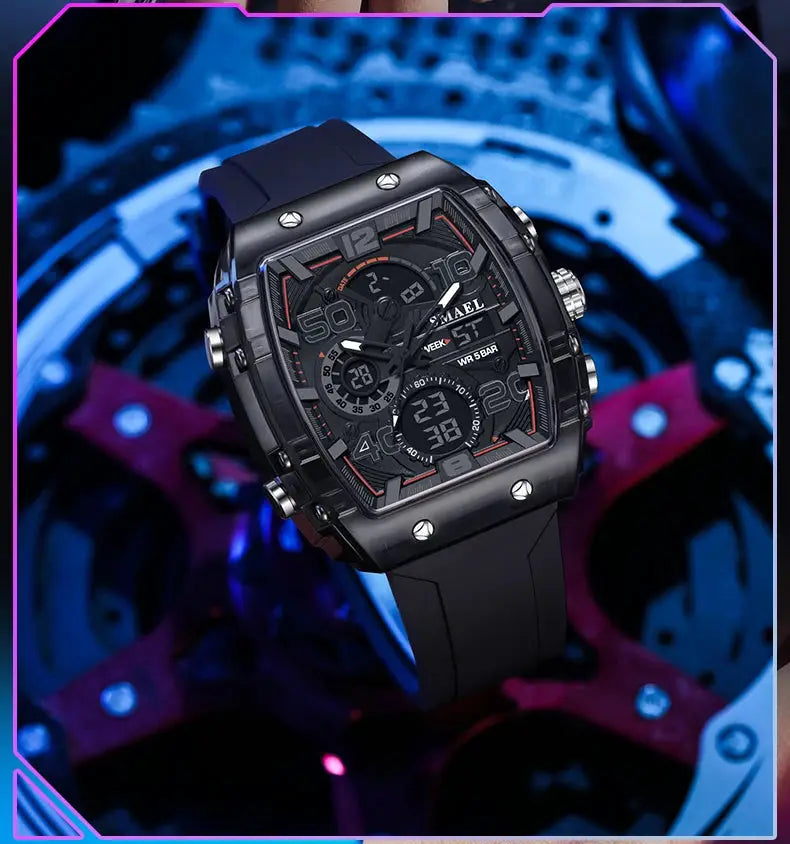 SMAEL 8109 men's square dual-display sport watch with black case and silicone strap