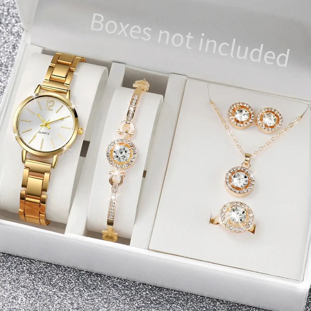 6-piece fashion watch and jewelry set in gold-tone steel with quartz watch, bracelet, ring, and earrings.