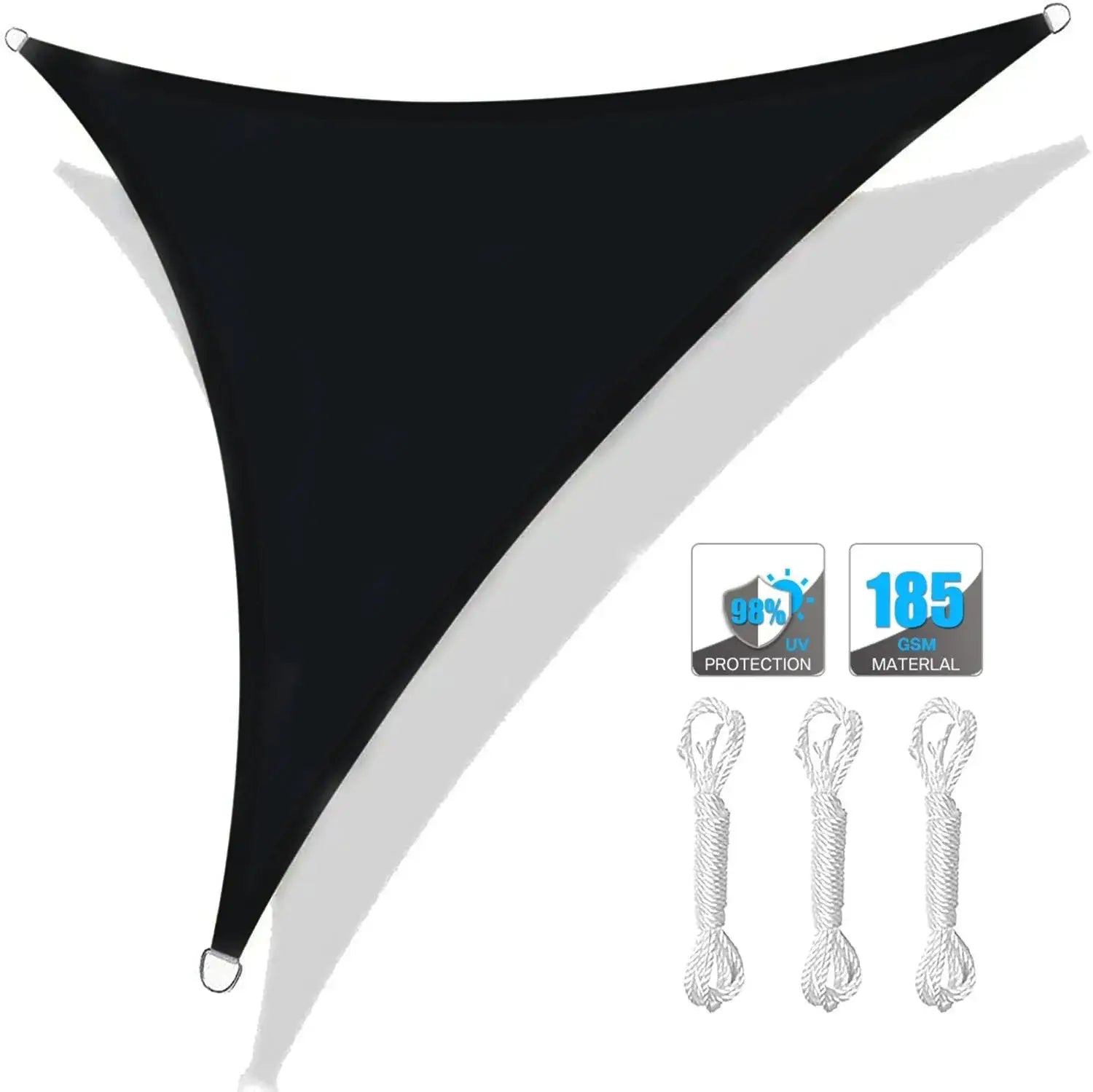 Triangle shade sail, black waterproof fabric, sizes 5x5x5m/3x3x3m/2x2x2m with three ropes