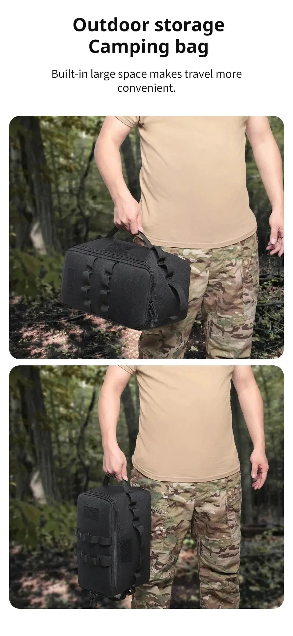 Large-capacity black camping bag with carry handle and MOLLE straps for tools, cookware and gas canisters.
