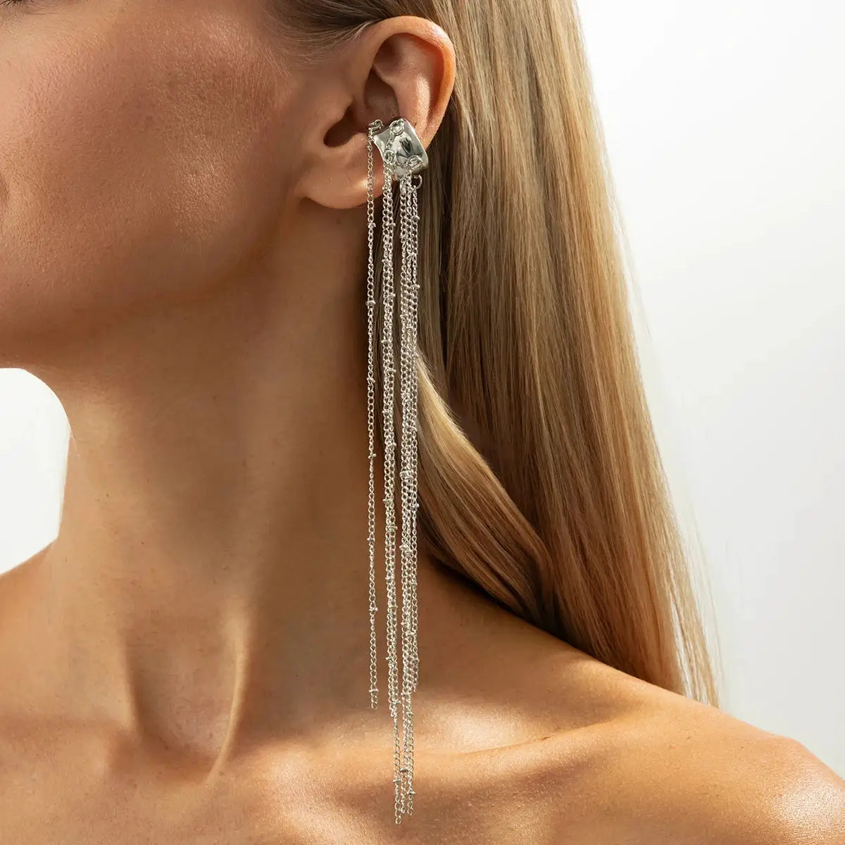 Silver-tone long tassel ear cuff clip earrings with multiple chains for women