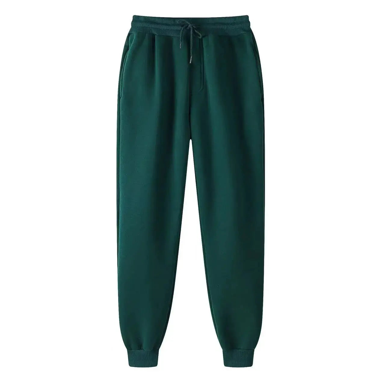 Men's dark green jogger pants with drawstring waistband and cuffed ankles, solid athletic pants