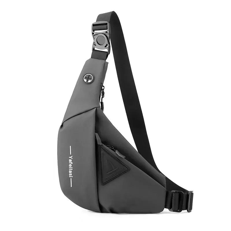 Simples Market sling chest bag, small crossbody anti-theft messenger for men in dark grey with black strap.