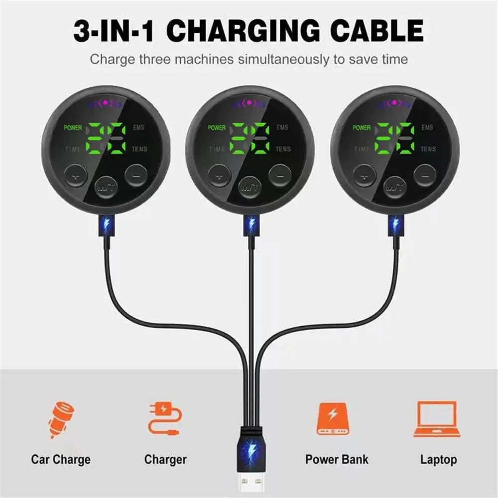Simples Market EMS belt massage set: three black circular muscle stimulators connected by USB charging cable