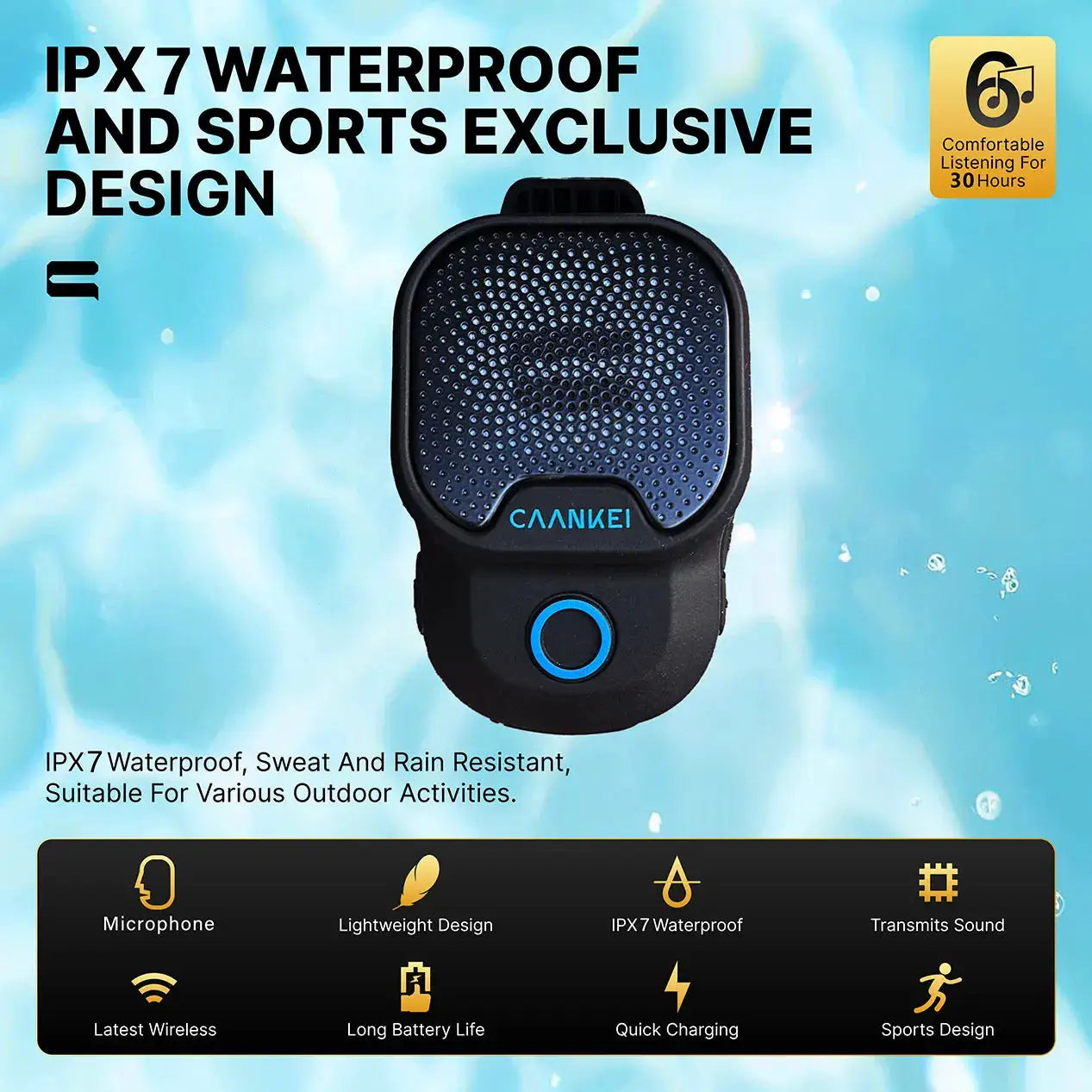 Wearable Bluetooth speaker CAANKEI, IPX7 waterproof, black with blue ring, clip-on mic