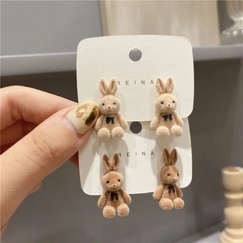 New Design Cute Flocking Plush Rabbit Stud Earrings For Women Korean Fashion Brown Jewelry Gift Party