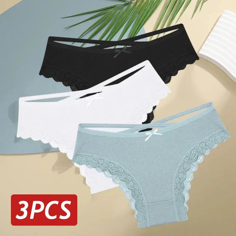 3-piece set of women's cotton lace Brazilian panties in black, white, and light blue with bows.