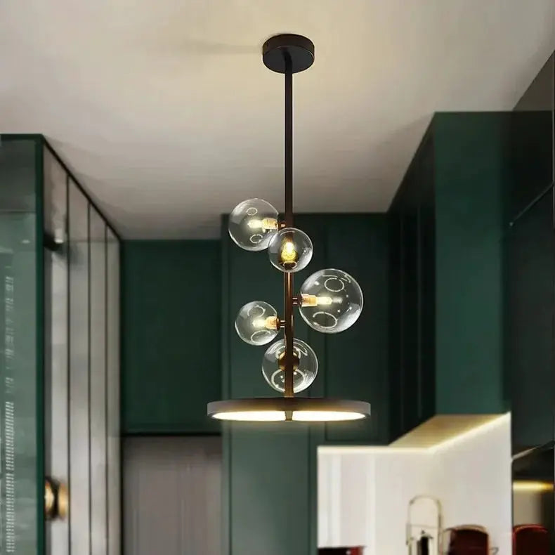 Modern Art Glass Chandelier bronze frame with clear glass globes by Simples Market.