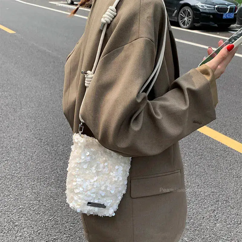 Mini sequins crossbody bag in white for evening parties