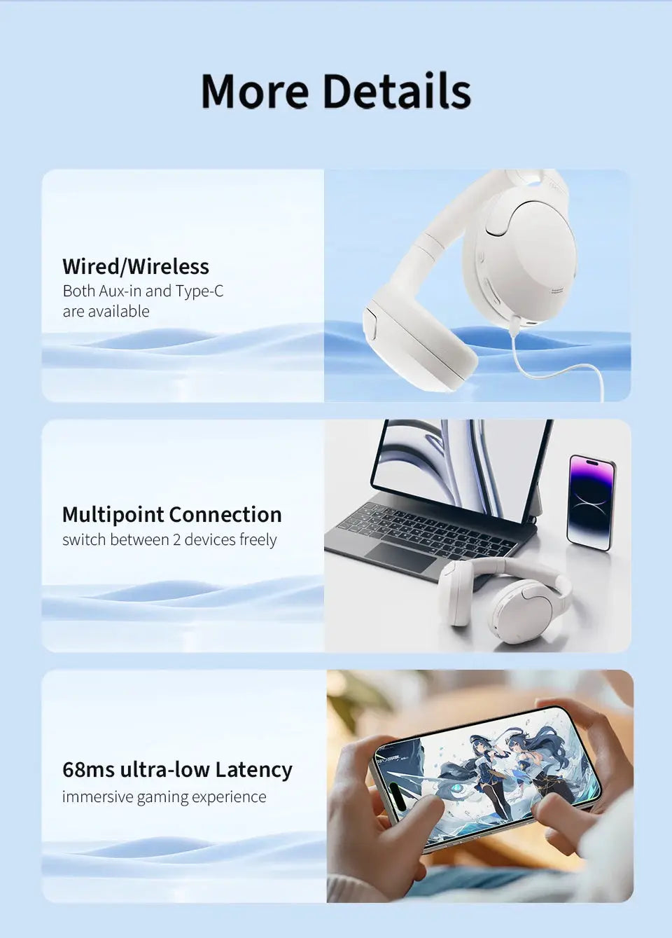 QCY H3 Lite ANC over-ear headphones in white; wireless/wired with foldable design and multipoint connection.