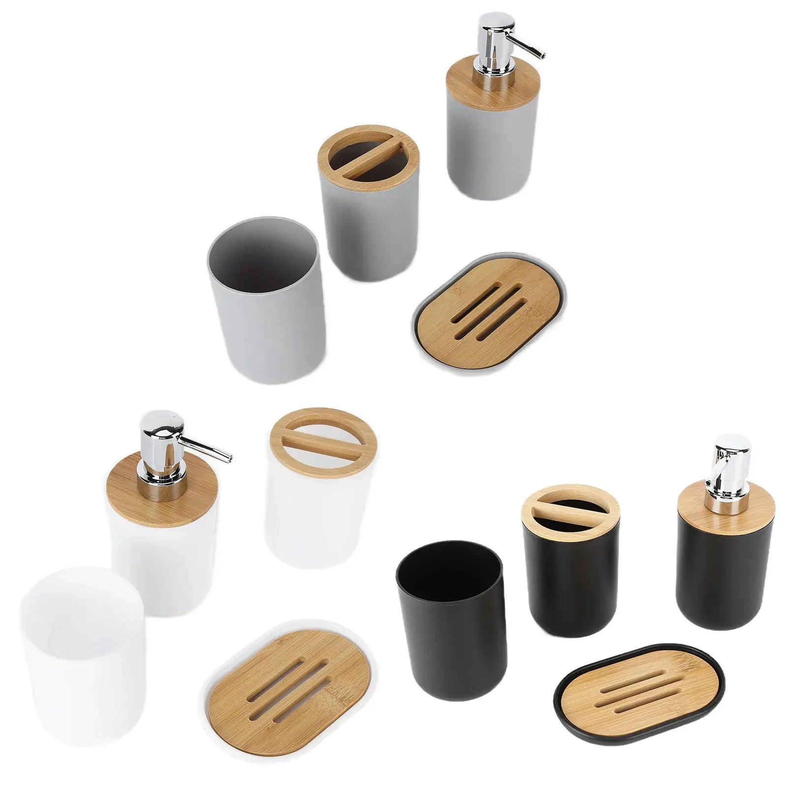 Simples Market 4-piece bamboo bathroom set: dispenser, toothbrush holder, tumbler and soap dish with natural bamboo accents.